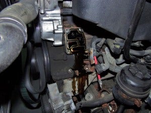 Stock E46 M3 oil filter housing removed