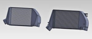 Stock (left) and Mishimoto prototype (right) intercooler model 