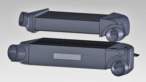 Stock (top) and Mishimoto prototype (bottom) intercooler model