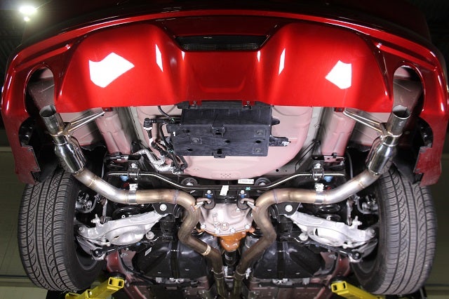 Prototype 2015 Mustang GT exhaust with small mufflers