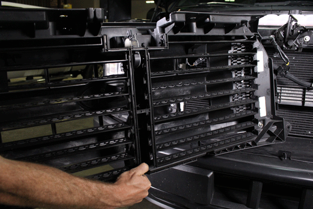 The active shutter system that sits in front of the radiator. Another sits in front of the F-150 EcoBoost Intercooler.