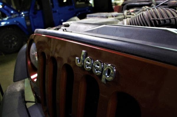 The front grill of our loaner 2008 Jeep Wrangler