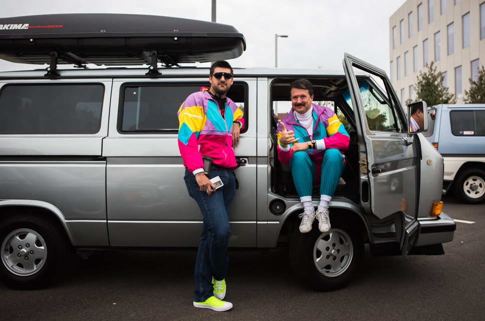 Marshall Farthing of Detroit, left, and Mike McAdoo of Washington D.C. show off their 80's garb in front of McAdoo's VW Vanagon. Radwood brought both long distance and Philly area attendees alike.